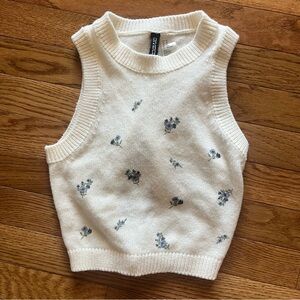 White Sleeveless Knit Top with Floral Embroidery